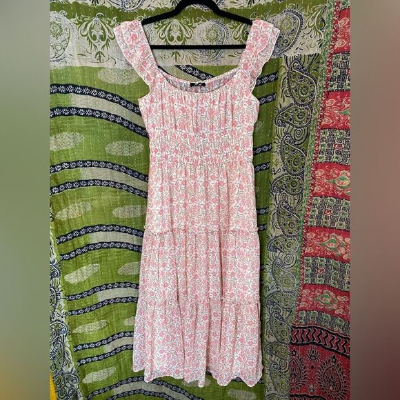 NWOT Trixxi Pink Floral Flutter Sleeve Chiffon Midi Dress Size Large - Picture 1 of 14